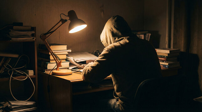 Mysterious Hooded Person Working Secretly at a Desk Under a Lamp in a Dark Room