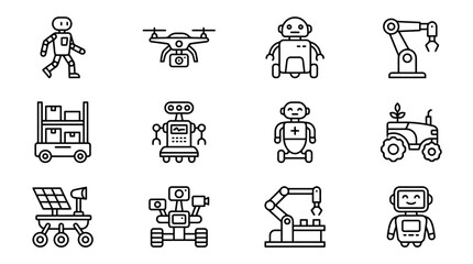 Fototapeta premium Industrial Black and White Line Icons Set Featuring Various Robots Drones and Machinery for Modern Technology Illustrations