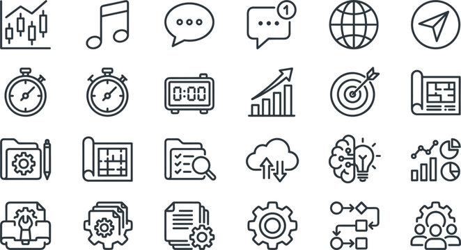 Business marketing finance and data analysis linear icon bundle featuring candlestick charts growth graphs folders globe cloud storage and brainstorming symbols vector illustration