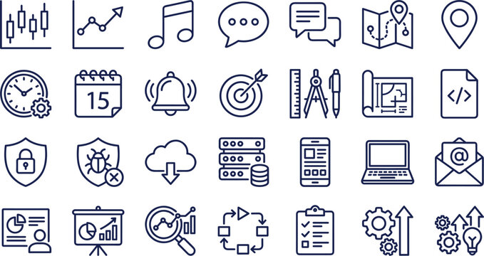 Business marketing web development and data analytics line icon set featuring financial charts cloud computing security servers calendar and workspace management vector illustration