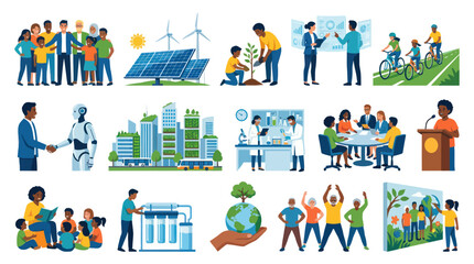 Naklejka premium Diverse Flat Vector Illustrations Collection of Sustainable Technology, Environment, Community, and Future Concepts