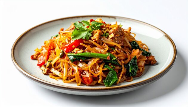 Char Kway Teow served on a modern ceramic plate isolated on a white background with copy space, authentic Malaysian street food, high-end food styling

