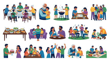 Fototapeta premium Flat Vector Illustration Set of Happy Families and Friends Engaging in Social Activities and Lifestyle