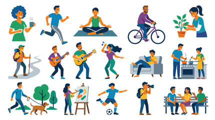 Fototapeta premium Flat Design People Enjoying Hobbies and Healthy Lifestyle Vector Art