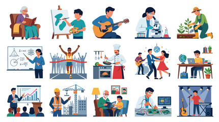 Fototapeta premium Flat Vector Art Collection: Diverse Professions and Hobbies, People and Activities