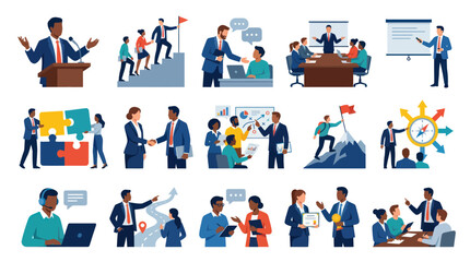 Fototapeta premium Flat Vector Illustration Set of Business People Engaged in Corporate Management, Teamwork, and Leadership Concepts