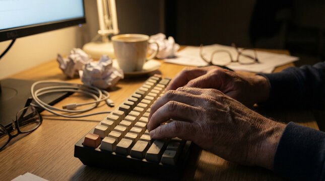 Close-Up of Man Hands Typing on Keyboard at Night with Coffee and Crumpled Paper on Desk