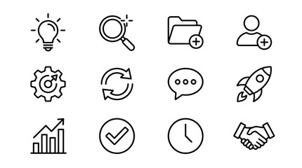 Fototapeta premium Modern Minimalist Black and White Icons Set Featuring Conceptual Symbols for Business Innovation and Productivity