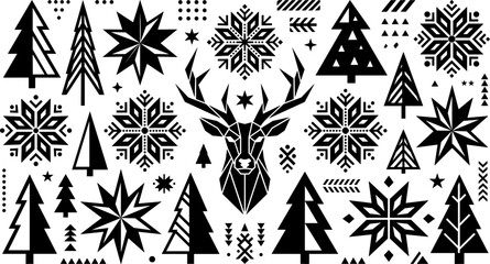 Geometric Christmas and Winter Silhouette Set Featuring Polygonal Deer Head, Abstract Pine Trees, Nordic Style Snowflakes, and Minimalist Festive Vector Ornaments © DarparajDab