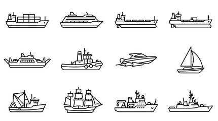 Professional Black and White Line Drawing Set of 12 Distinct Types of Ships and Vessels for Marine Design or Educational Use © Linda