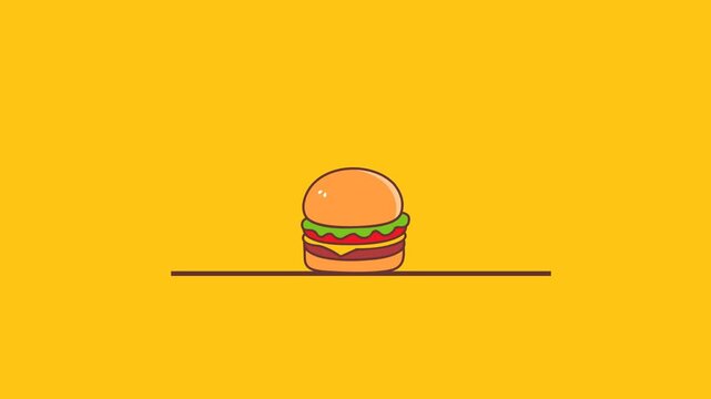 Animated Burger Vector Falling with Bounce Motion on Yellow Background