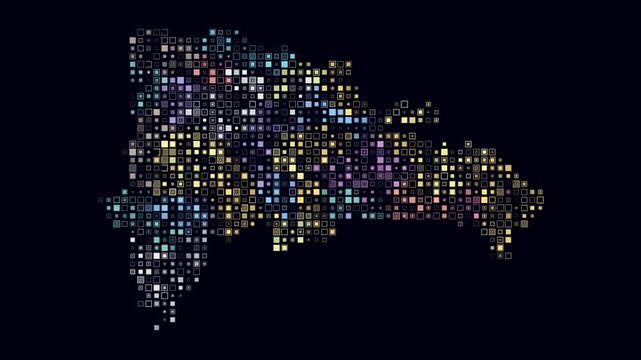 Dominican Republic map animation. Shape of the country with pulsating colored dots. Small size square blocks. Digital style Dominican Republic map on dark background. Classy video.