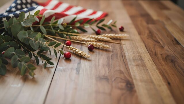 Patriotic still life with american flag eucalyptus leaves red berries and wheat on wooden table for independence day or memorial day