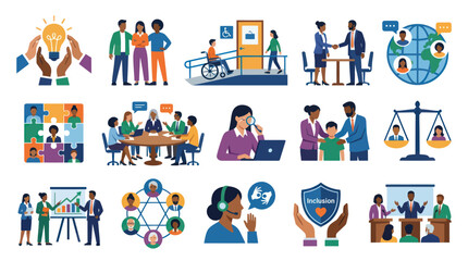 Fototapeta premium Diverse Teamwork and Inclusion Concepts in Flat Business Illustration Style