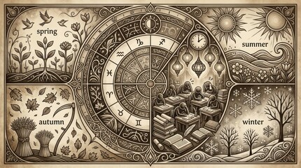 Naklejka premium Vintage illustration depicting the four seasons and the passage of time.