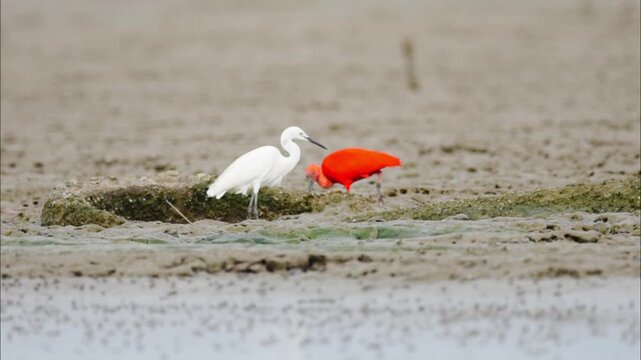 Scarlet Ibis (Eudocimus ruber) foraging with an injured leg at Bangpu, Samut Prakan, Thailand. A resilient exotic bird adapting to wildlife in Southeast Asia.