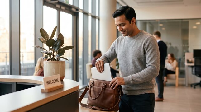 Generative AI, Indian man packing laptop into bag in office reception
