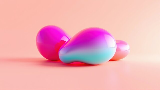 Glossy fluid shapes rest upon soft pink surface. Vibrant colors blend, creating abstract composition. Minimalist studio lighting highlights forms.