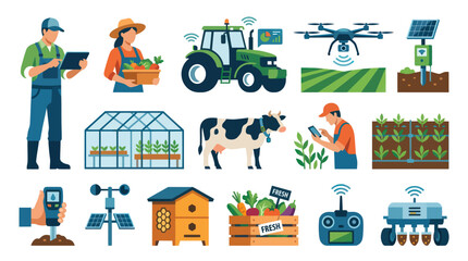 Naklejka premium Smart Farming Technology Flat Design Icons Set. Digital Agriculture Modern Farm Elements Vector.