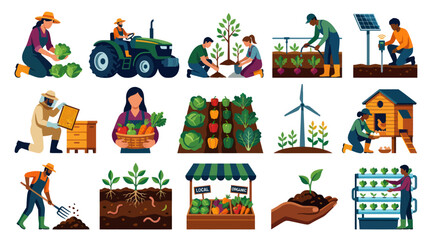 Fototapeta premium Farming Agriculture Flat Vector Icons: Farmers, Crops, Tractor, Bees, Solar Power