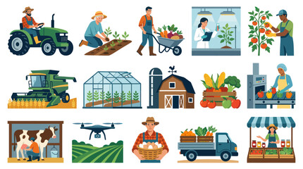 Naklejka premium Flat Vector Icons of Farming and Agriculture: Tractor, Harvest, Greenhouse, Animals