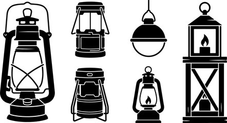 Vintage Lantern and Camping Lamp Silhouette Icon Set Featuring Classic Kerosene Lights, Modern Portable Flashlights, Hanging Bulbs, and Wooden Candle Lantern Vectors © DarparajDab