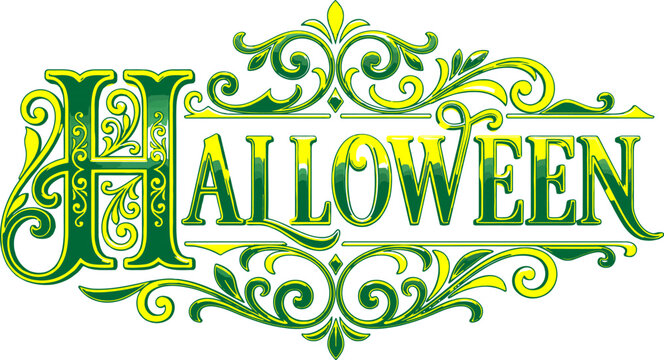 Ornate green and yellow Halloween lettering with decorative flourishes and borders 