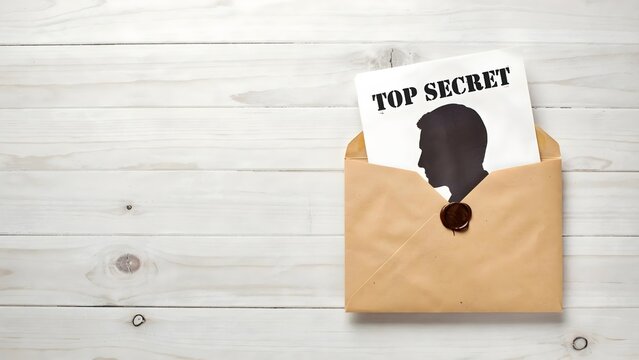 A brown envelope with a top secret document and silhouette on a white wooden background with a wax seal