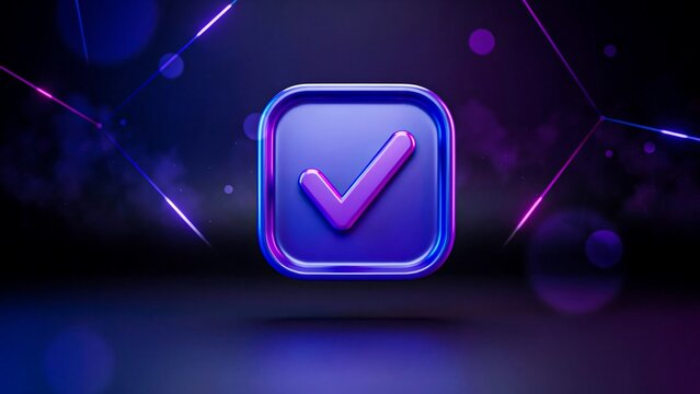 Glowing purple verification checkmark icon on futuristic digital technology background