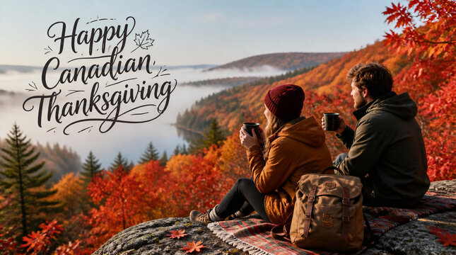 Happy Canadian Thanksgiving Celebration with Young Couple Hiking in Autumn