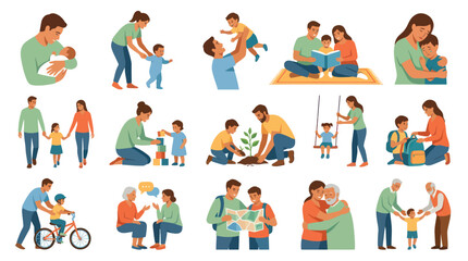 Fototapeta premium Diverse Family Life Vector Icons: Parents, Children, Love, Activities