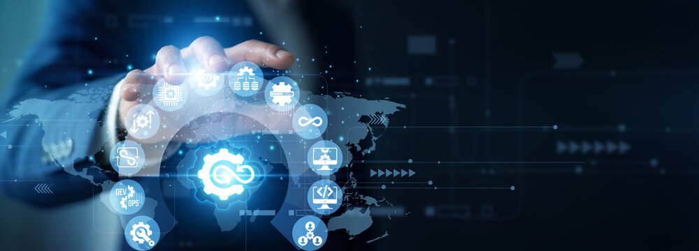 Systems engineer holding structure graph of DevOps frameworks. Corporate specialist analyzing continuous deployment and agile growth chart on hologram screen. Modern software business strategy.
