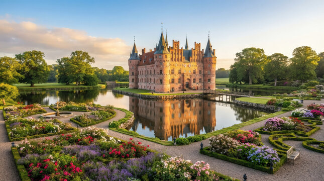 Sunlit Moated Castle Over Reflective Lake With Formal Flower Gardens and Stone Bridge At Sunset