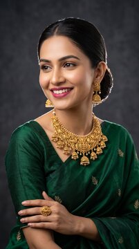 Elegant woman wearing traditional ornate gold jewelry set and dark green silk attire for a sophisticated festive celebration portrait against grey background