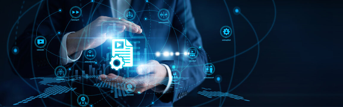 Digital marketer hands hold a tablet updating the enterprise Content Management platform. Seamless digital publishing tools organize media assets and optimize global audience engagement online.