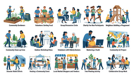 Fototapeta premium Flat Vector Illustration Set: Community Volunteers Engaged in Diverse Social Activities and Teamwork