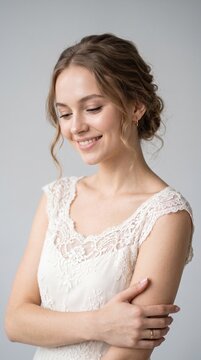 Elegant young woman in lace wedding dress smiling softly against a minimalist grey background for a romantic and timeless bridal portrait session