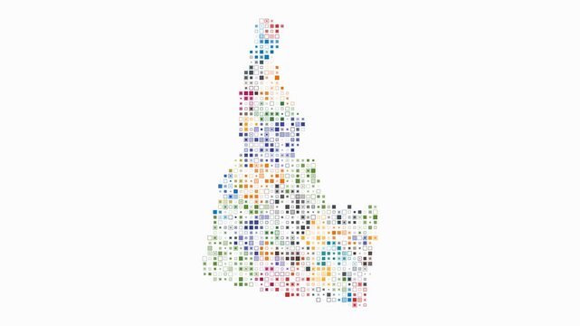 Idaho animated shape. Pulsating colored dots on the map of the state. Small size square blocks. Digital style Idaho map on white background. Amazing animation video.