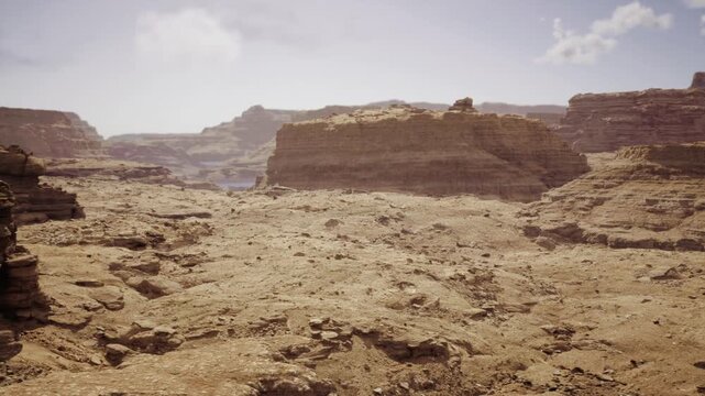 Dramatic gorge with rocky outcrops creating deep ravines and shadowed ledges, layered cliff faces reveal horizontal strata, textured foreground boulders