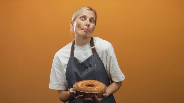 Middle age blonde woman wearing denim apron and white shirt holding sponge cake with bare hands, puckering lips and making a fish face in studio; playful baking moment.
