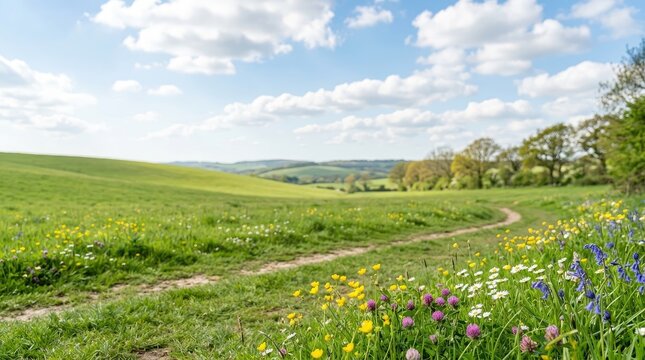 A picturesque landscape showcases a rolling green hill dotted with vibrant wildflowers. A winding dirt path meanders through the field, leading towards distant hills.