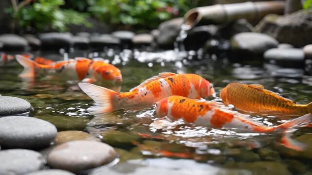 Vibrant Koi Fish Swimming in Peaceful Japanese Garden Pond