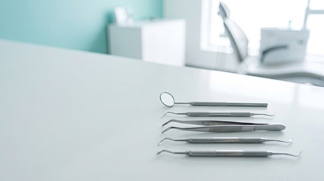 A dental assistant places dental instruments on a white examination table. The instruments include a probe, explorer, and curettes.