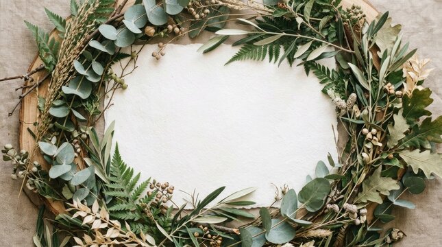 A rustic wreath encircles a blank white card. The wreath is composed of various dried and fresh greenery, including eucalyptus, ferns, oak leaves, and seed pods.