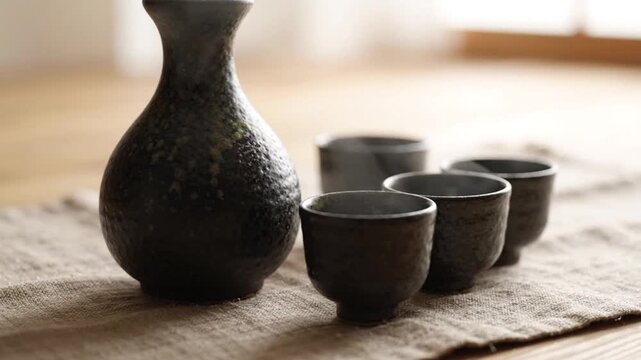 Traditional Japanese Ceramic Sake Set on Wooden Table