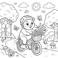 Bear cub riding a bicycle with flowers in a basket drawing vector illustration © arifahmed