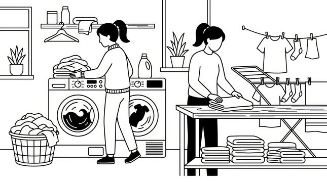 Women doing laundry in a laundry room.