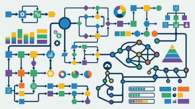 Complex flowchart with colorful symbols.