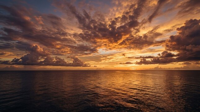 The image captures a breathtaking sunset over the ocean. Vivid orange and golden clouds dominate the sky, reflecting brilliantly on the calm, dark blue water below.