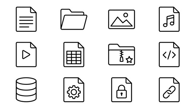 Creative Minimalist Black and White Icons Set Featuring Document Folder Media Code Database and Utility Symbols
